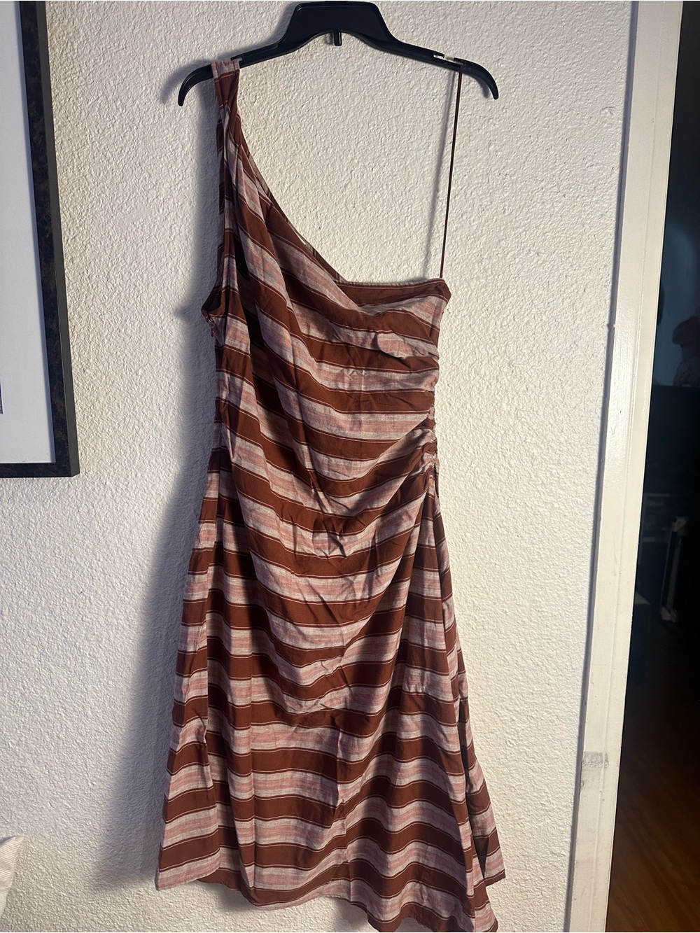 a new day One-Shoulder Brown & Cream Striped Midi Dress